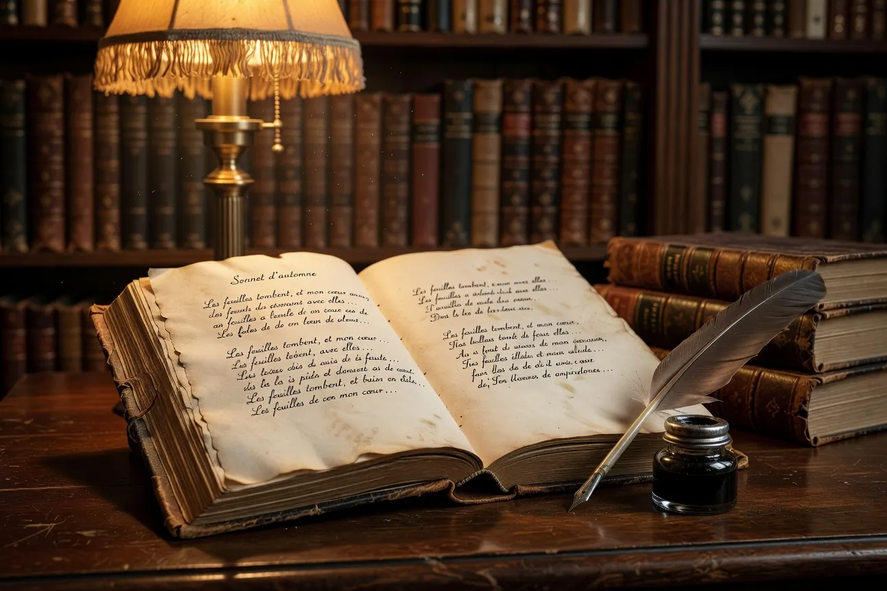 Vieux livre de poésie ouvert sur un sonnet manuscrit, encrier et plume sur une table en bois
