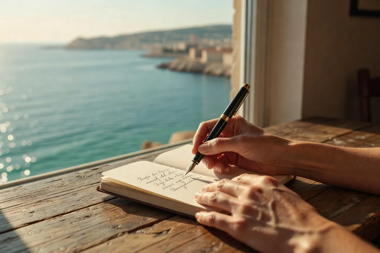 Femme écrivant à la main dans un carnet à Marseille avec vue sur la mer, cadrage main et stylo