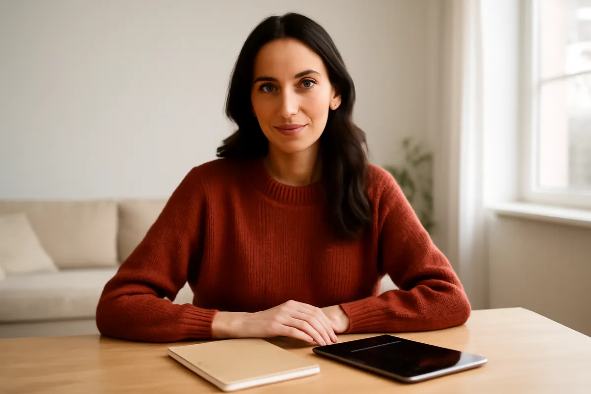 Femme brune souriante assise à une table claire, tablette tactile posée devant elle à côté d'un cahier papier