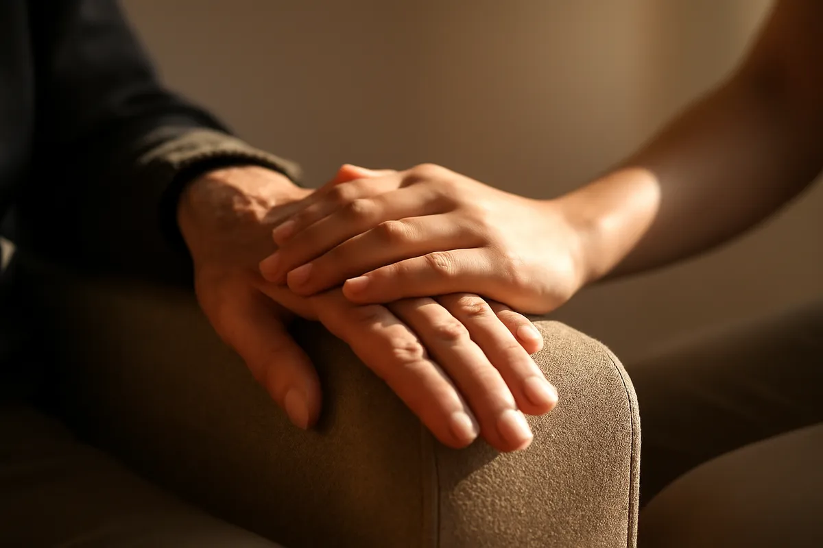 Deux mains posées l'une sur l'autre sur un accoudoir de fauteuil, lumière douce de fin d'après-midi