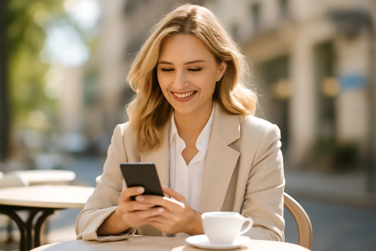 Jeune femme blonde souriante lisant un message sur son téléphone, assise à la terrasse d'un café lumineux