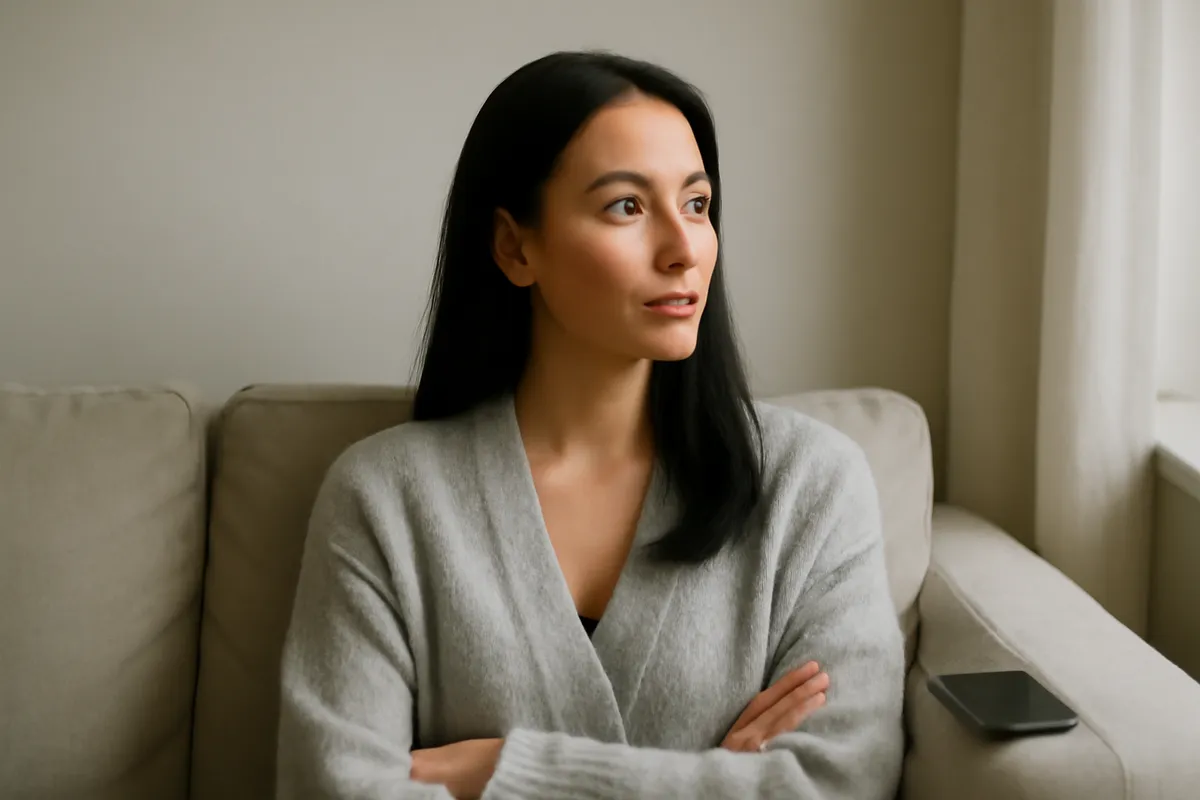 Femme aux cheveux longs assise sur un canapé, téléphone posé à côté d'elle, regard tourné vers la fenêtre