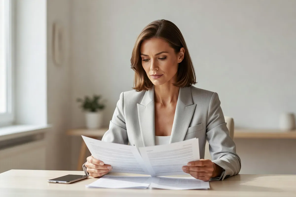 Jeune femme brune consultant attentivement des documents et son téléphone sur une table en bois clair