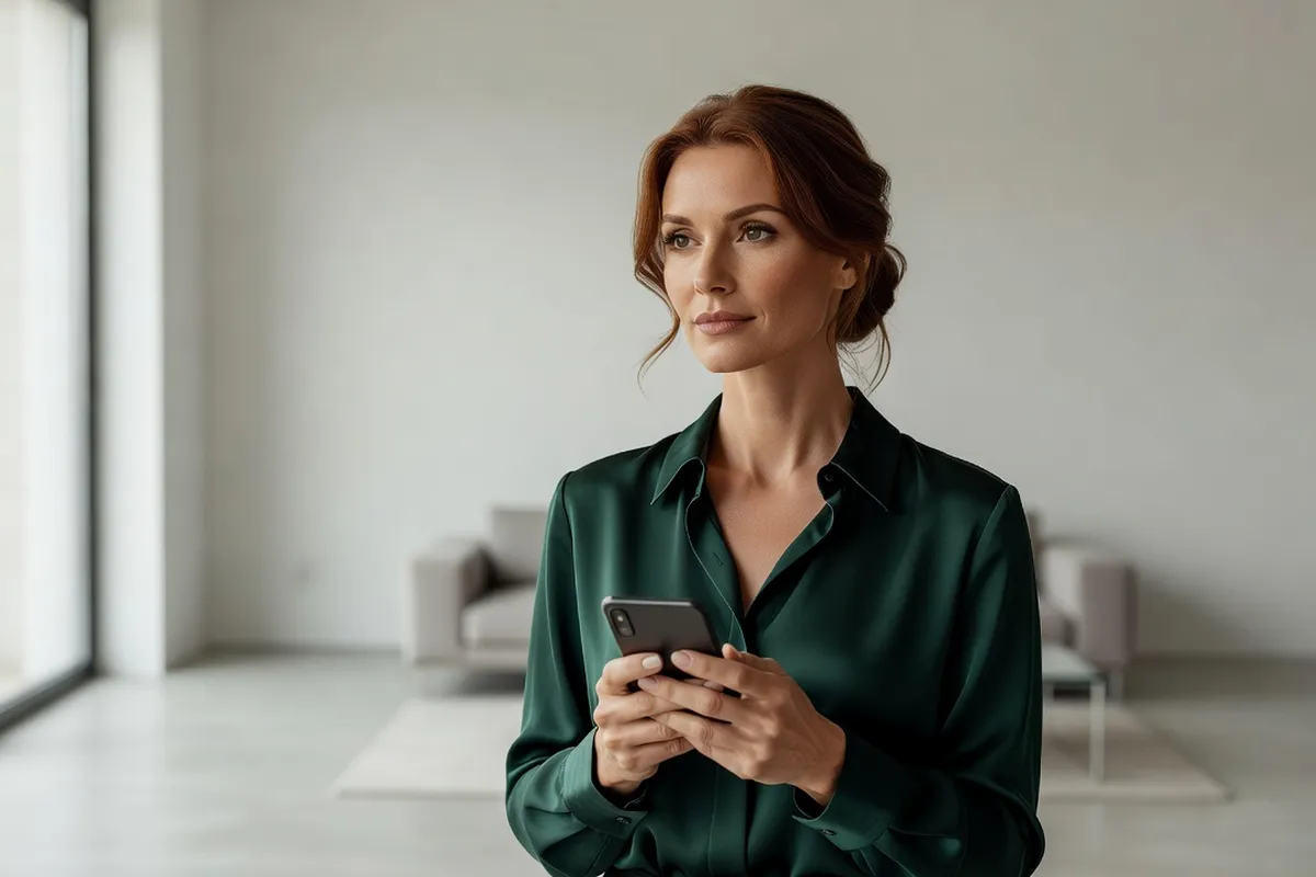 Femme élégante debout dans un intérieur lumineux, tenant son téléphone contre elle, expression déterminée