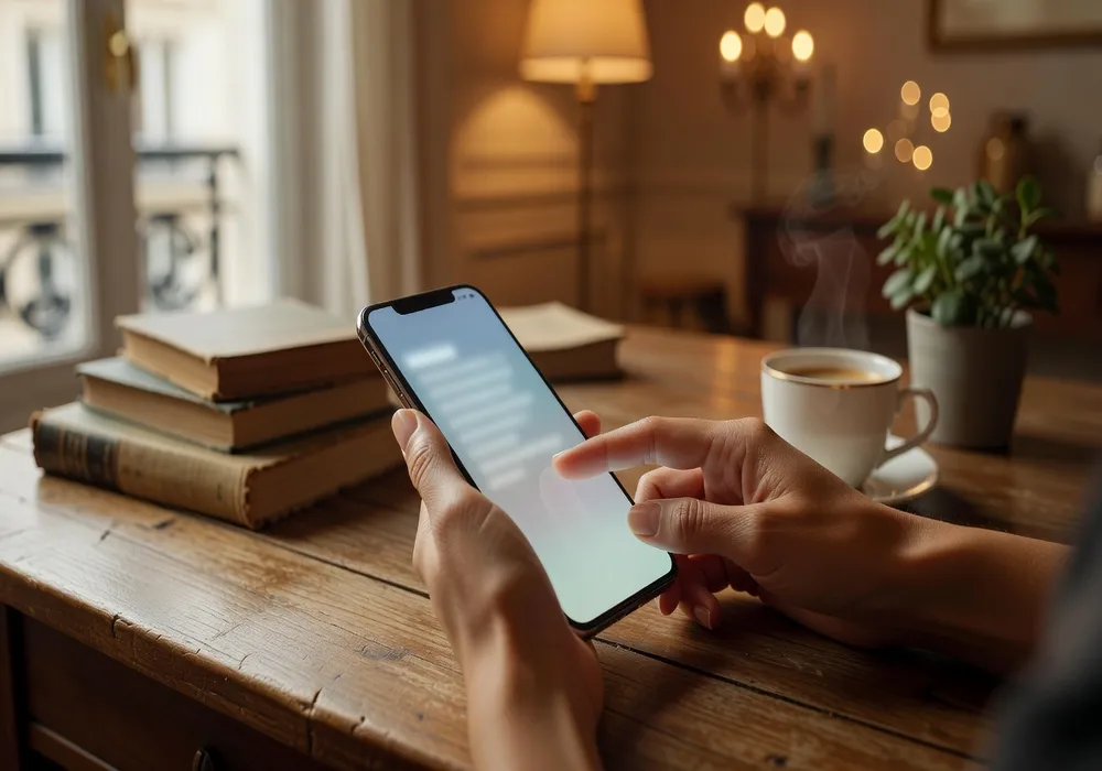 Smartphone affichant une conversation avec un assistant IA sur fond de coeurs, ambiance rose romantique