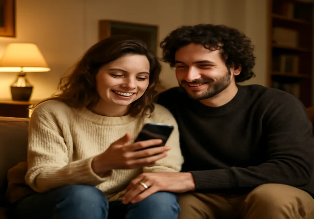 Couple souriant en train de composer un message ensemble sur une tablette, ambiance chaleureuse