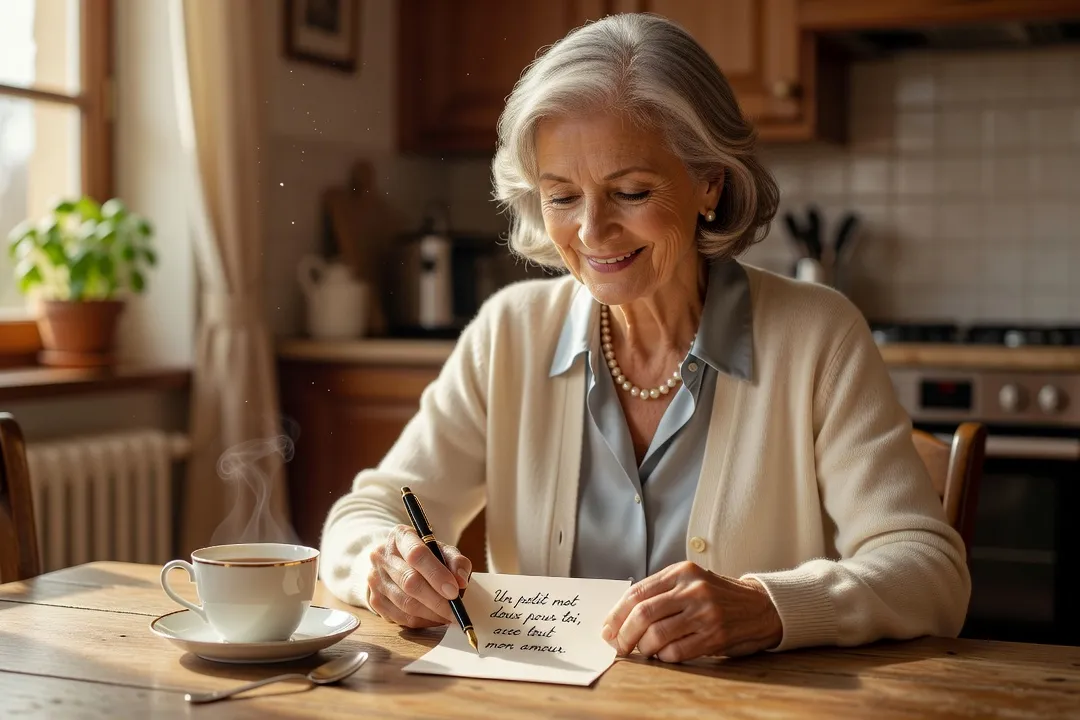 Femme senior souriante écrivant un petit mot doux à côté d'une tasse de café dans une cuisine lumineuse