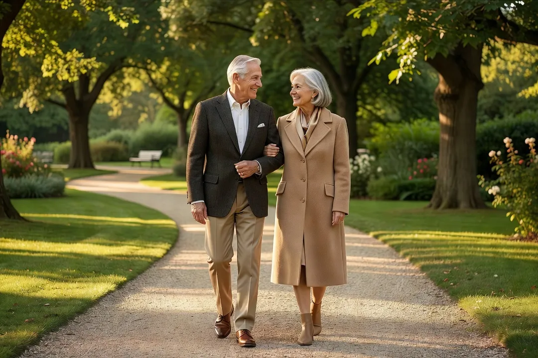 Couple de seniors élégants marchant bras dessus bras dessous dans un parc, en pleine conversation complice