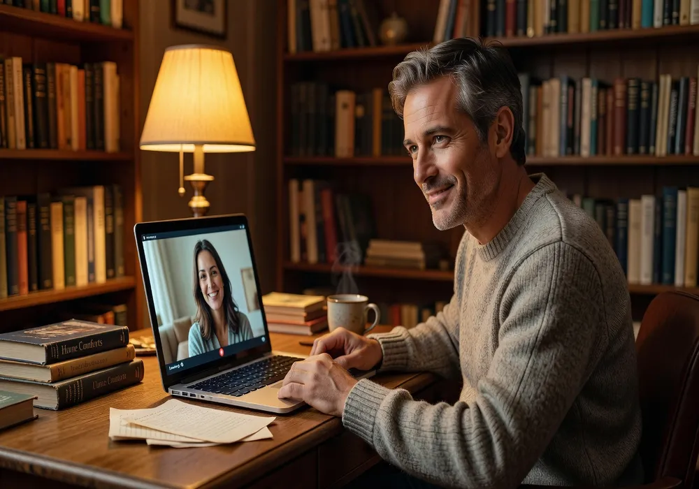 Personne en visioconférence souriant à son écran d’ordinateur dans un bureau à domicile lumineux