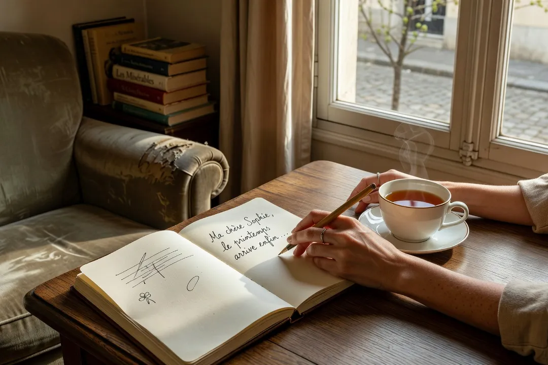 Femme écrivant une lettre à la main dans un carnet, tasse de thé posée à côté, lumière naturelle