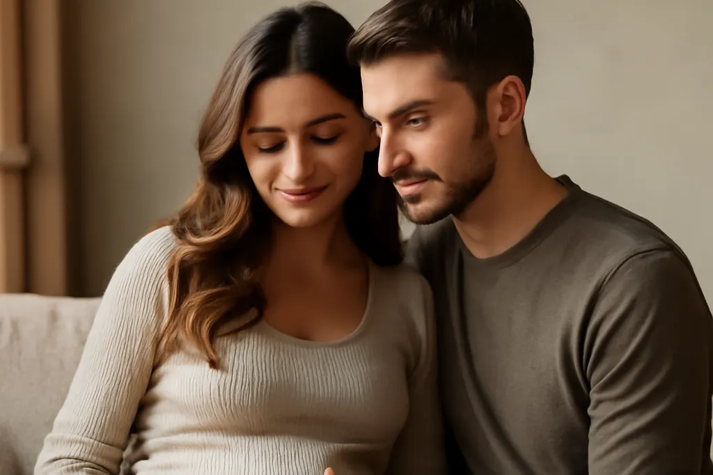 Jeune couple tendre pendant la grossesse, l'homme posant délicatement la main sur le ventre