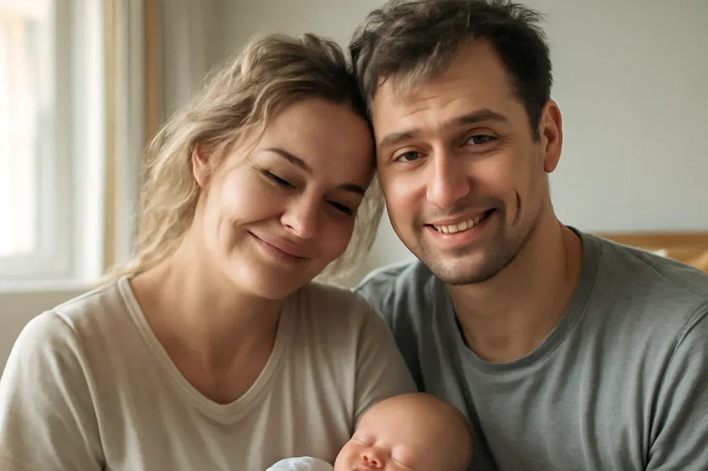 Jeunes parents fatigués mais souriants tenant leur nouveau-né endormi tôt le matin