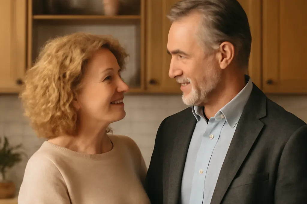 Deux adultes discutant sereinement à une table dans un intérieur familial lumineux