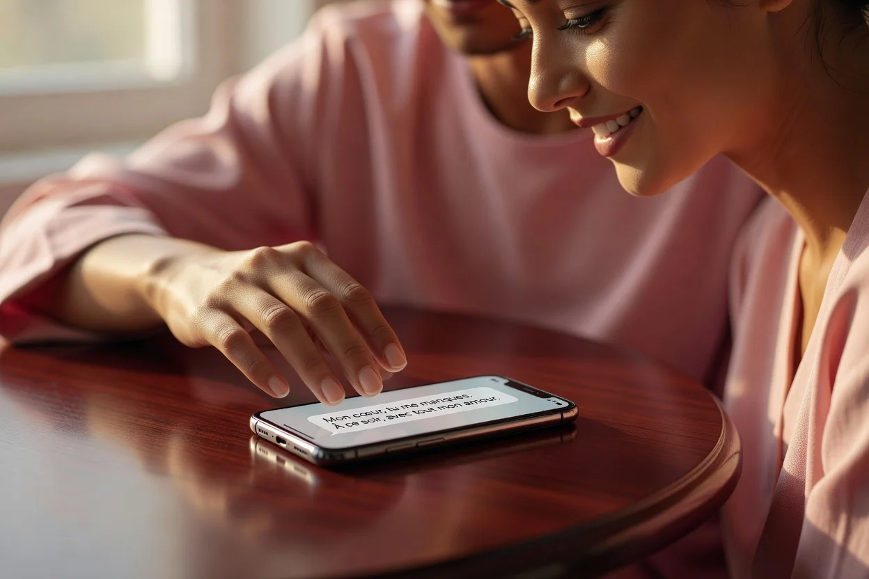Smartphone posé sur une table en bois affichant un message tendre, main d'une femme tendue vers le téléphone