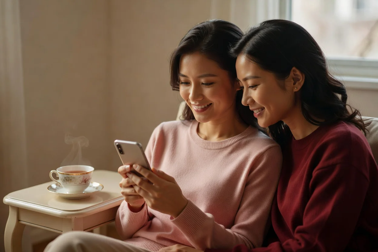 Personne lisant un message sur son téléphone avec une expression apaisée et un sourire