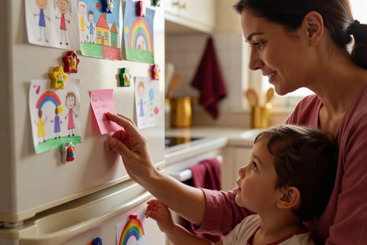 Main d'un parent collant un petit mot tendre sur le réfrigérateur de la cuisine