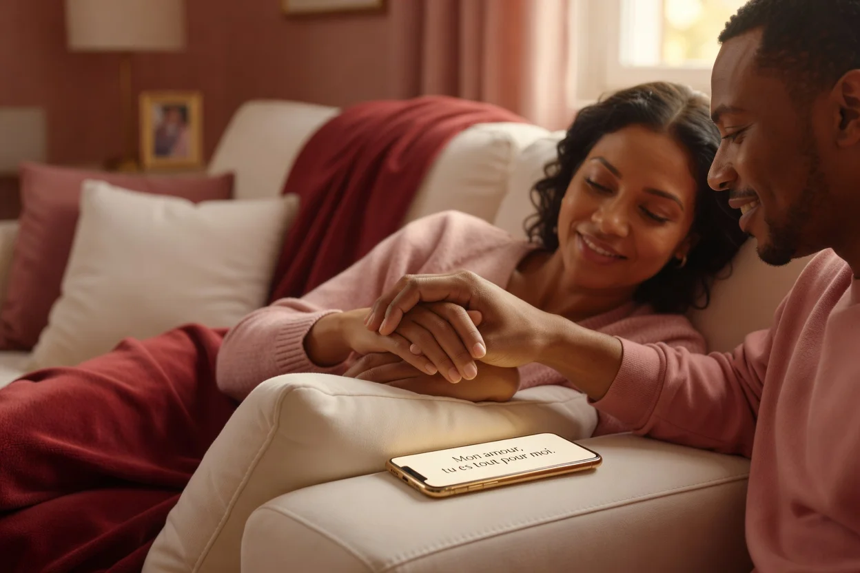 Deux mains de parents se touchant doucement au-dessus d'un canapé, smartphone affichant un message d'amour à côté