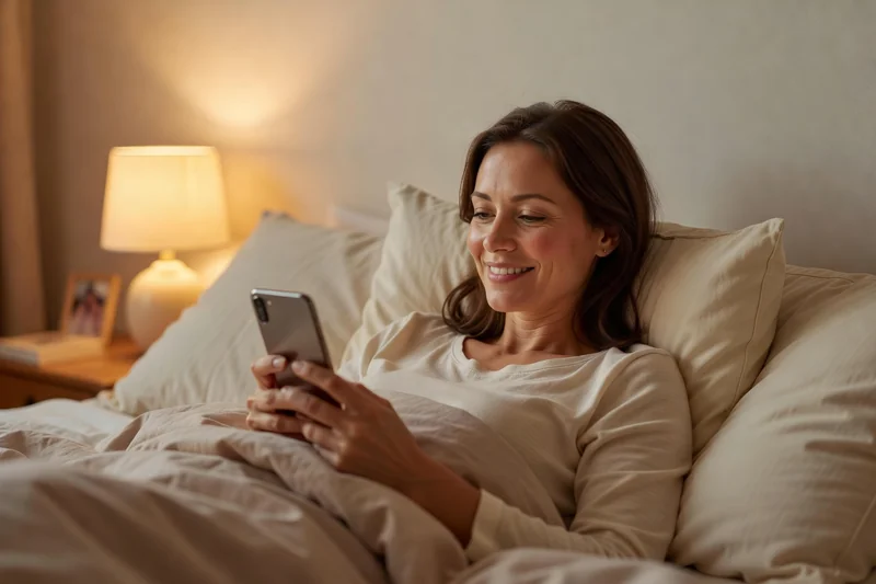 Femme adulte souriante allongée dans son lit, lisant un message d'amour sur son smartphone dans une lumière tamisée et chaude