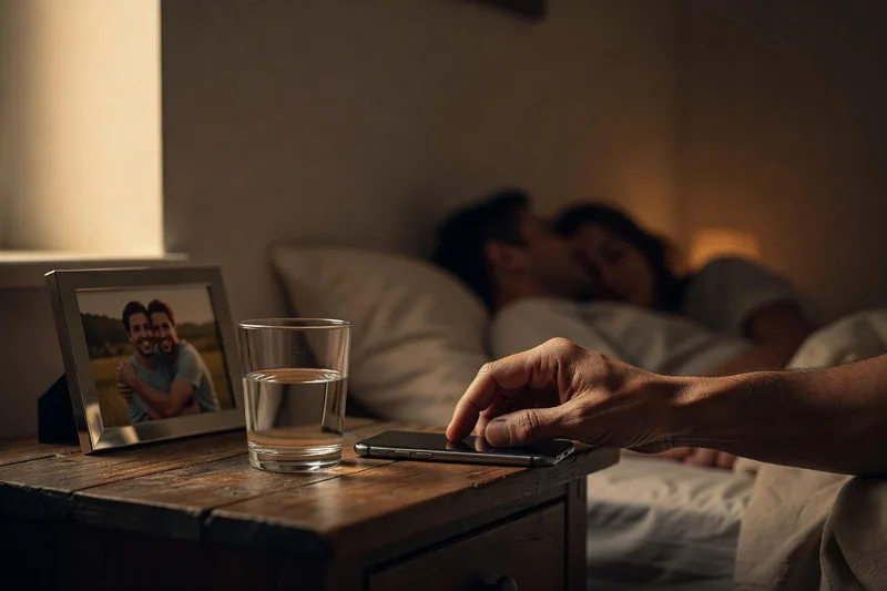 Main d'un homme adulte posant son téléphone éteint sur une table de nuit en bois à côté d'un verre d'eau et d'une photo de couple
