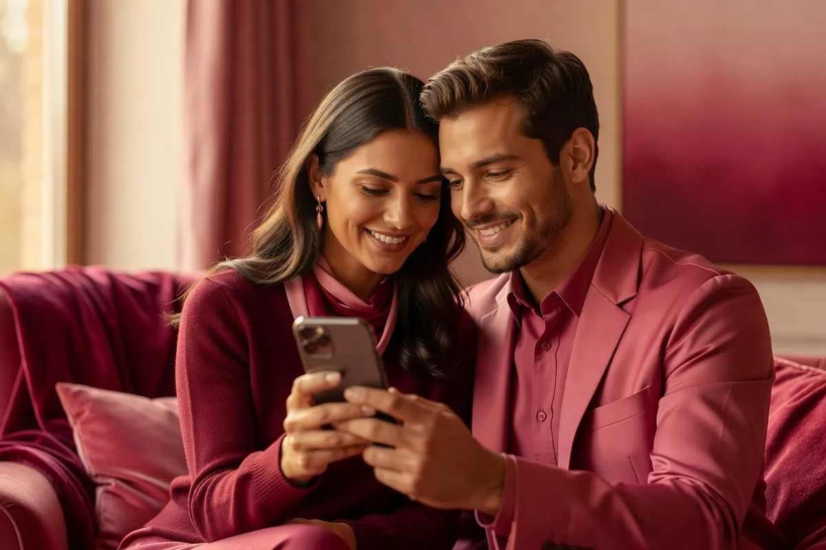 Couple partageant un moment complice devant l’écran d’un smartphone