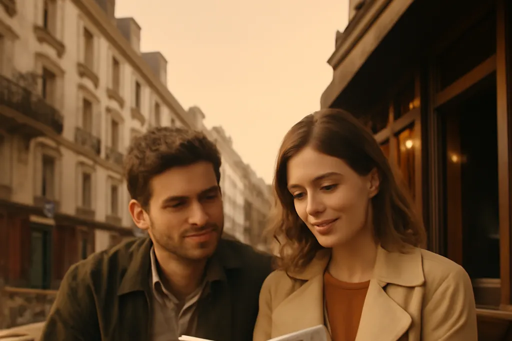 Couple revisitant le lieu de leur première rencontre, un café, en tenant un carnet de souvenirs