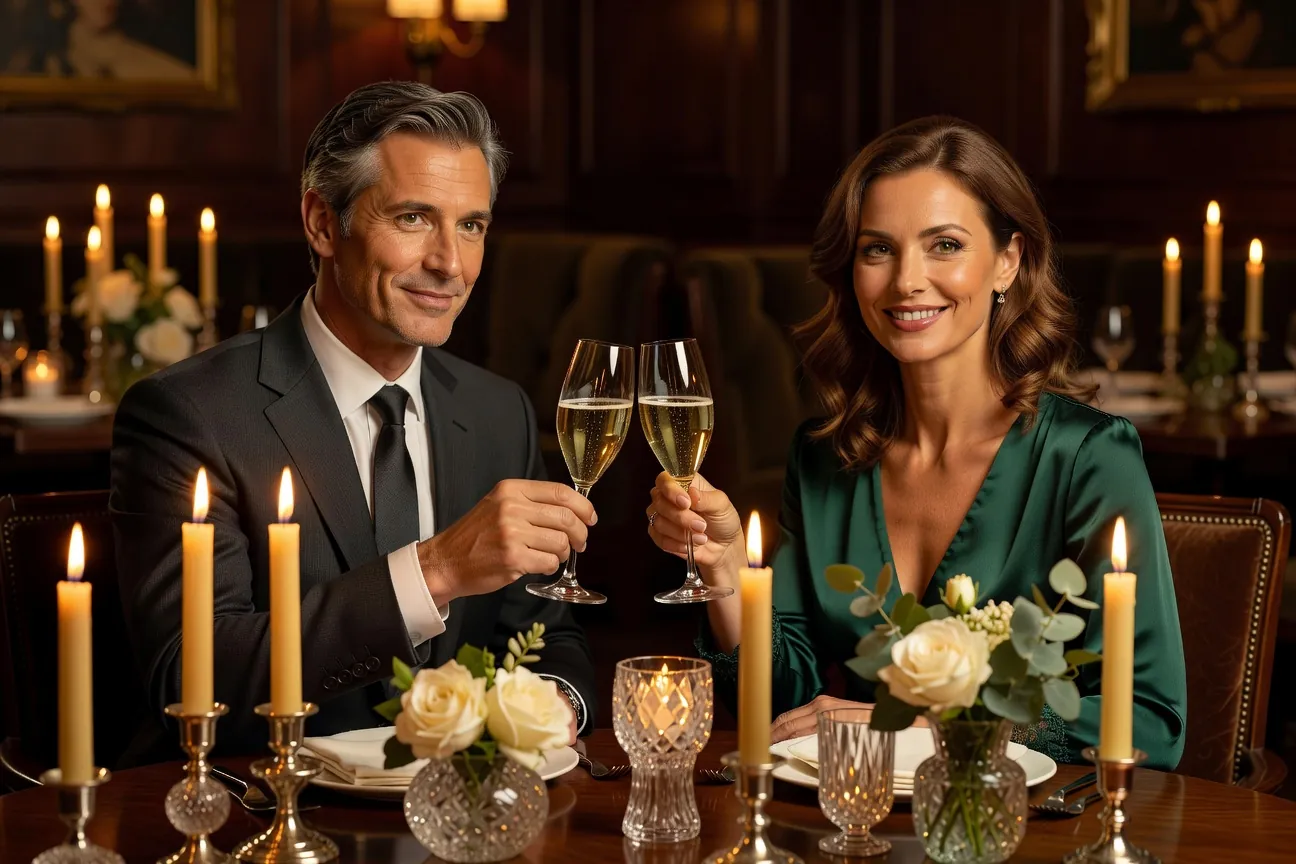 Couple s'embrassant lors d'un toast aux noces de cristal, lumière chaleureuse, intérieur élégant