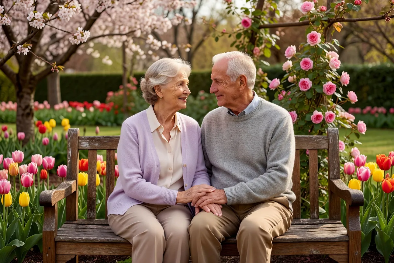 Couple senior assis dans un jardin, mains entrelacées, ambiance noces d'or