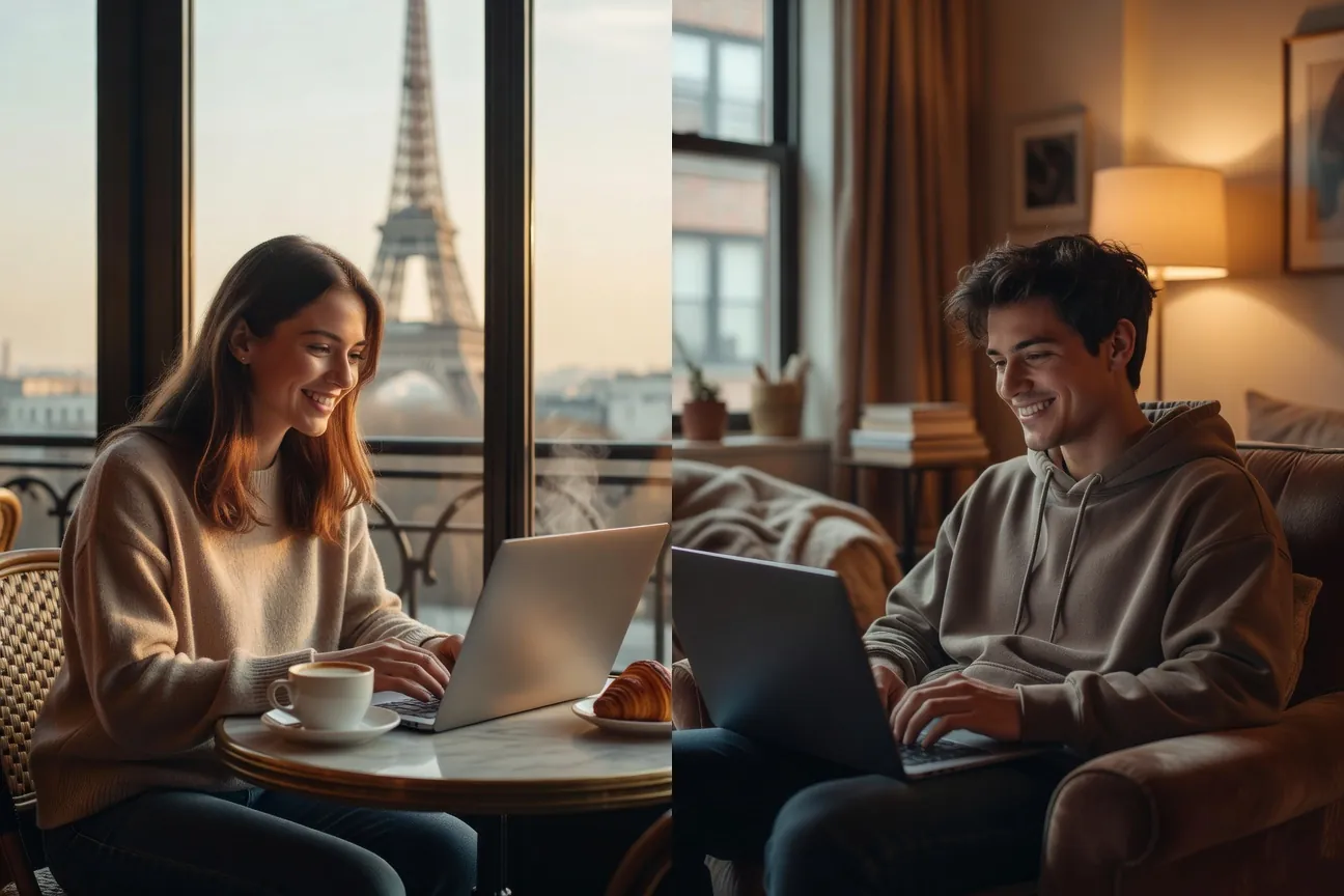 Couple longue distance se parlant en visio depuis deux pays différents, sourires complices