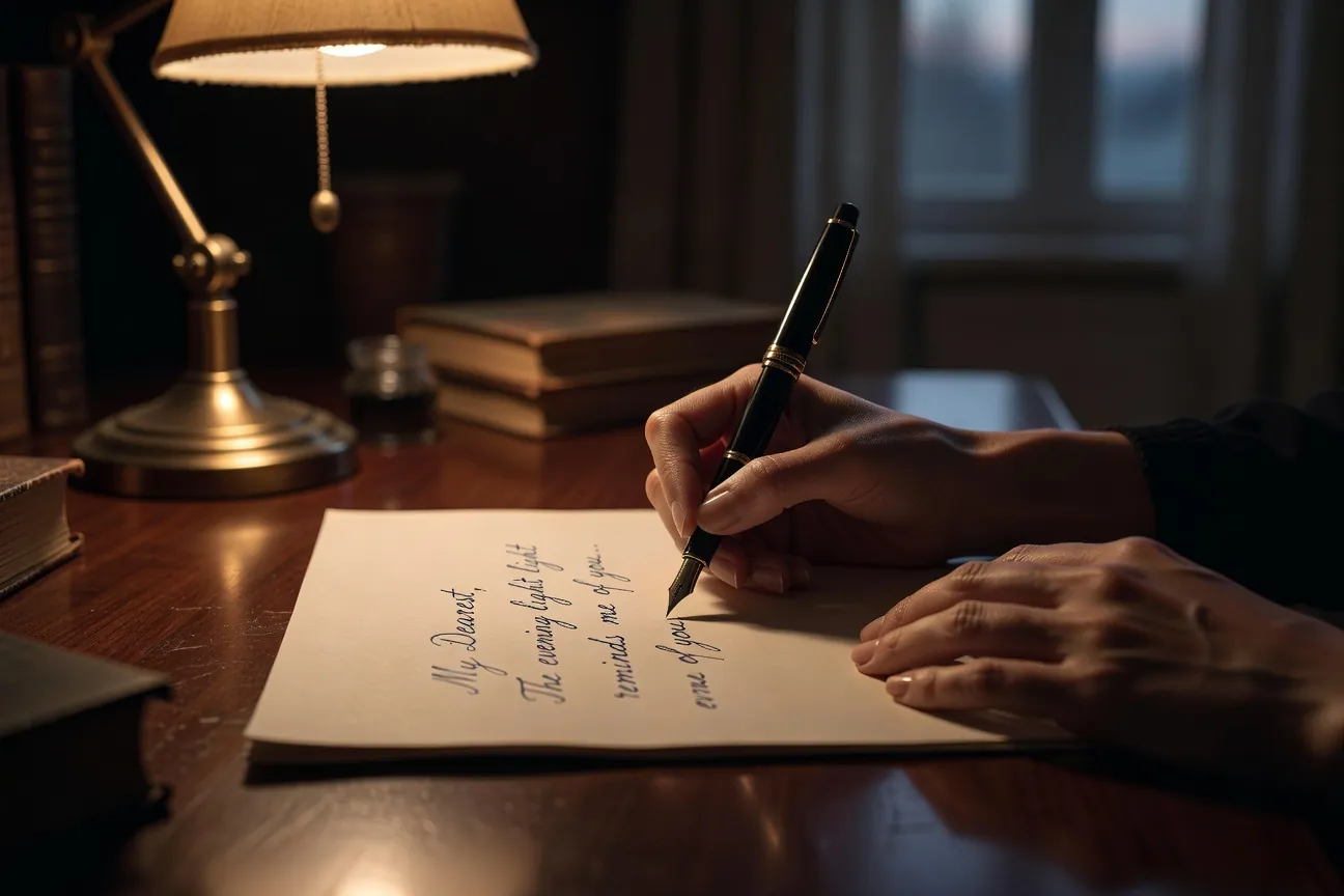 Femme écrivant une lettre d'amour manuscrite à la lumière d'une lampe, ambiance feutrée