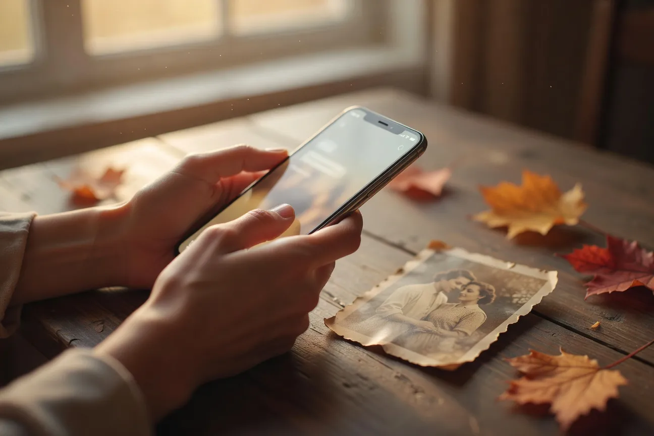 Femme pensive relisant un ancien message d'amour sur son téléphone à la fenêtre