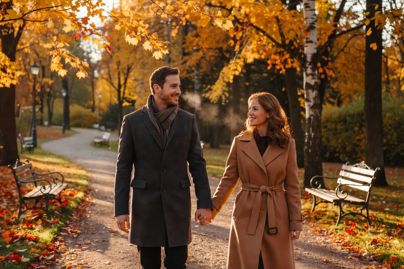 Couple se retrouvant après une rupture lors d'une promenade au parc en automne