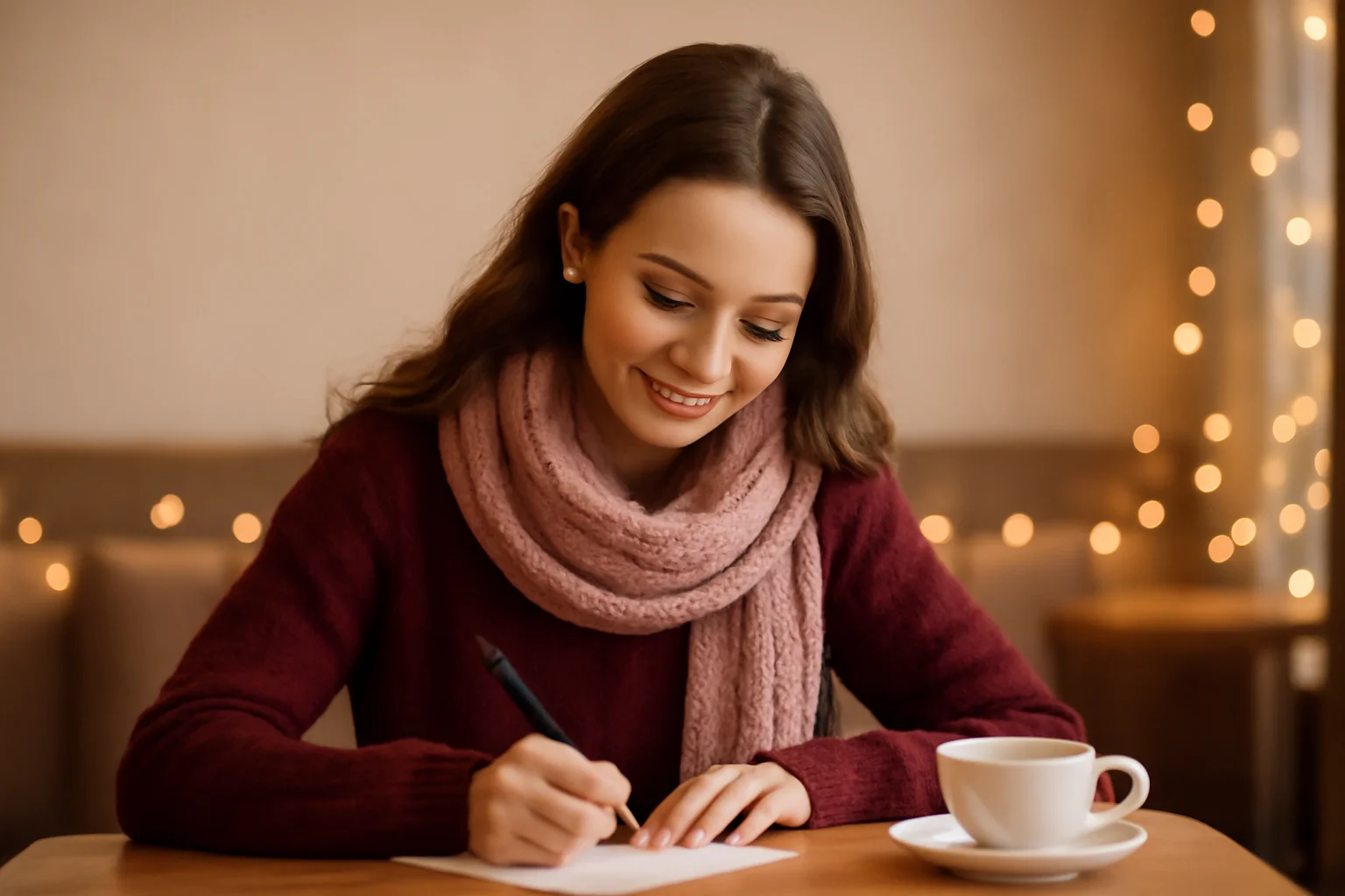 Jeune femme souriante écrivant une carte de vœux à la main dans un café cosy
