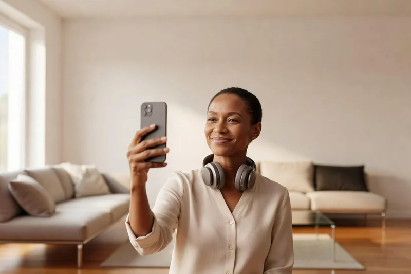 Femme adulte souriante enregistrant un message vocal d'amour sur son smartphone, un casque autour du cou, dans un salon lumineux