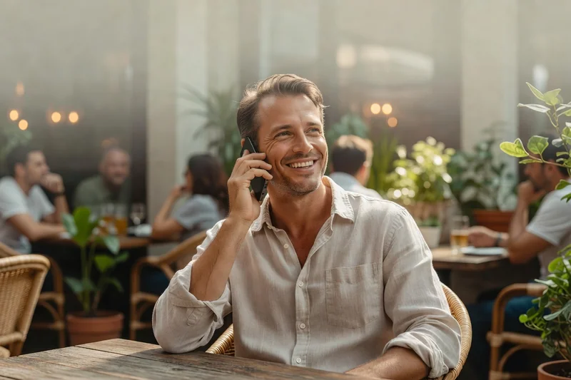 Homme adulte écoutant un message vocal d'amour avec un sourire, smartphone à l'oreille, dans un café en journée