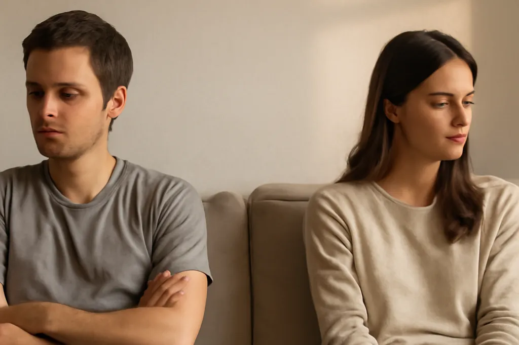 Couple assis à distance après un désaccord, entre besoin de pause et attente d'un signe de reprise