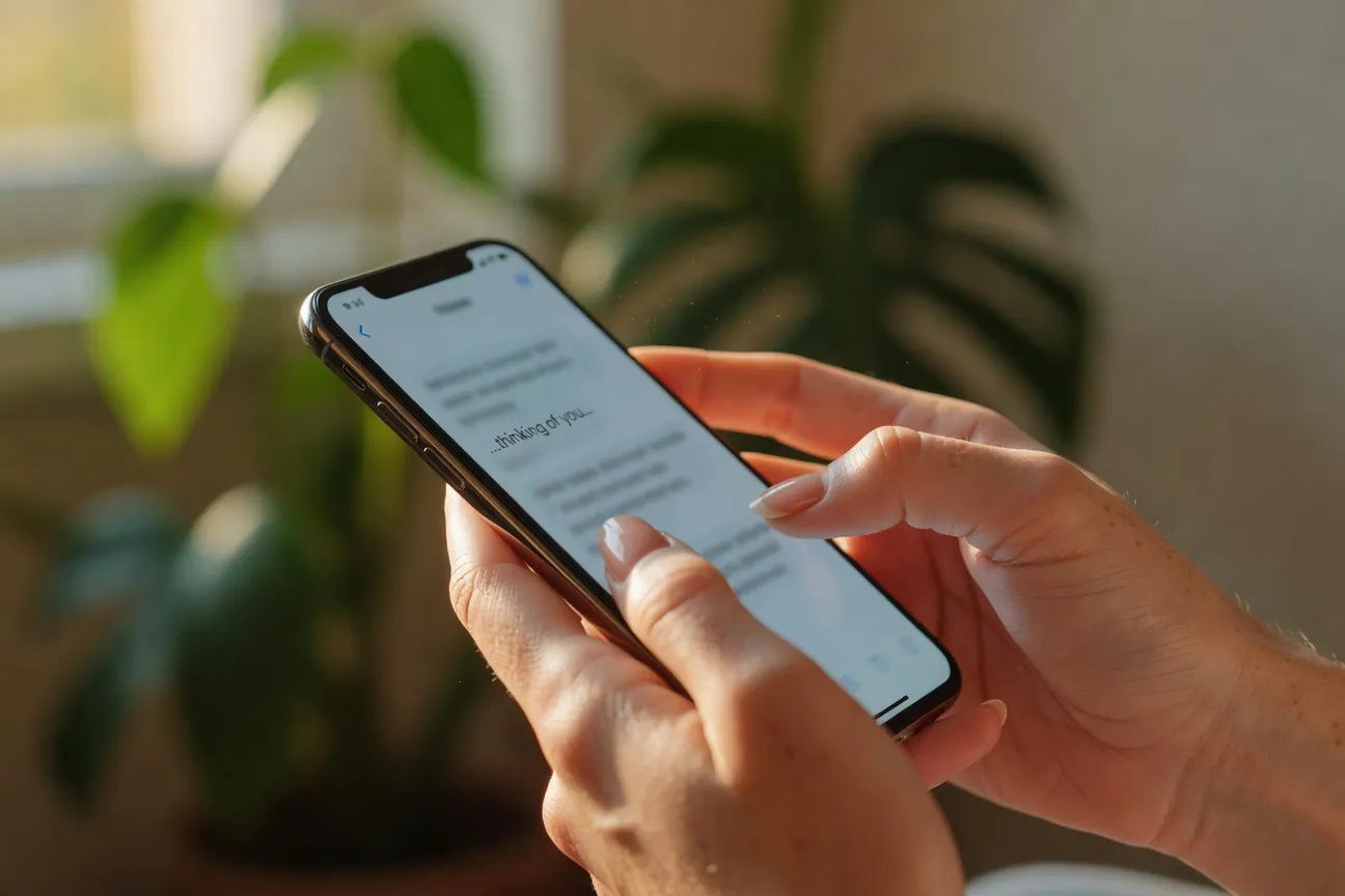 Femme écrivant un SMS romantique à son partenaire, cadrage main et téléphone, lumière chaude
