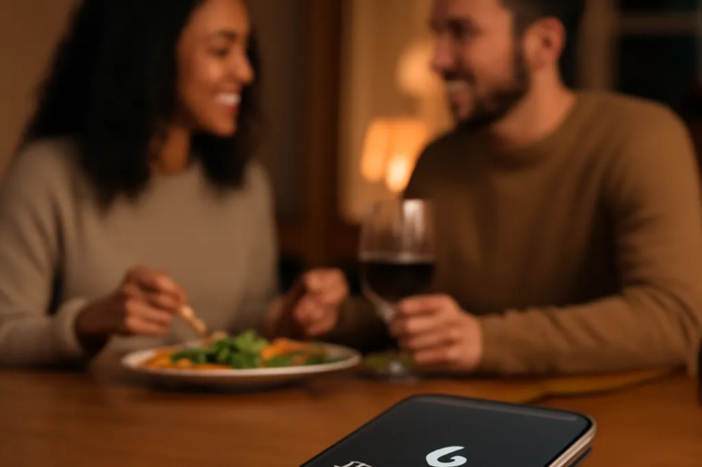 Deux téléphones déposés dans une entrée pendant qu'un couple partage un dîner sans notifications