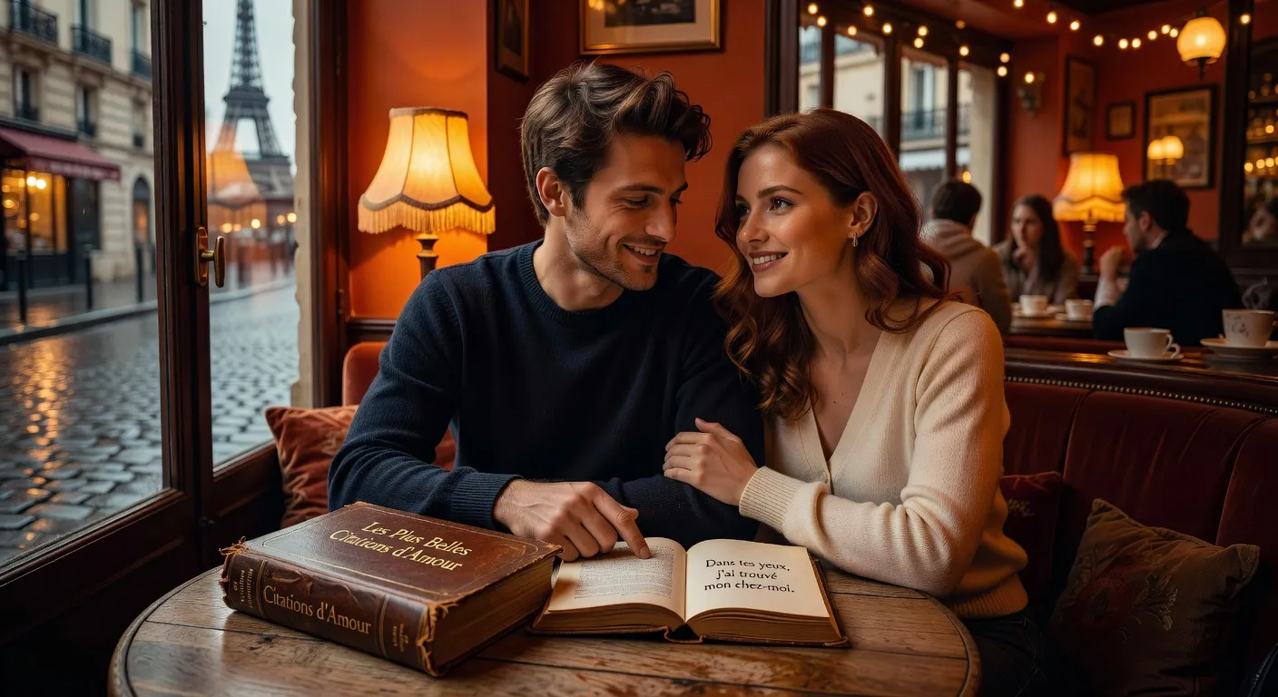 Couple amoureux lisant des citations romantiques dans un cafe parisien