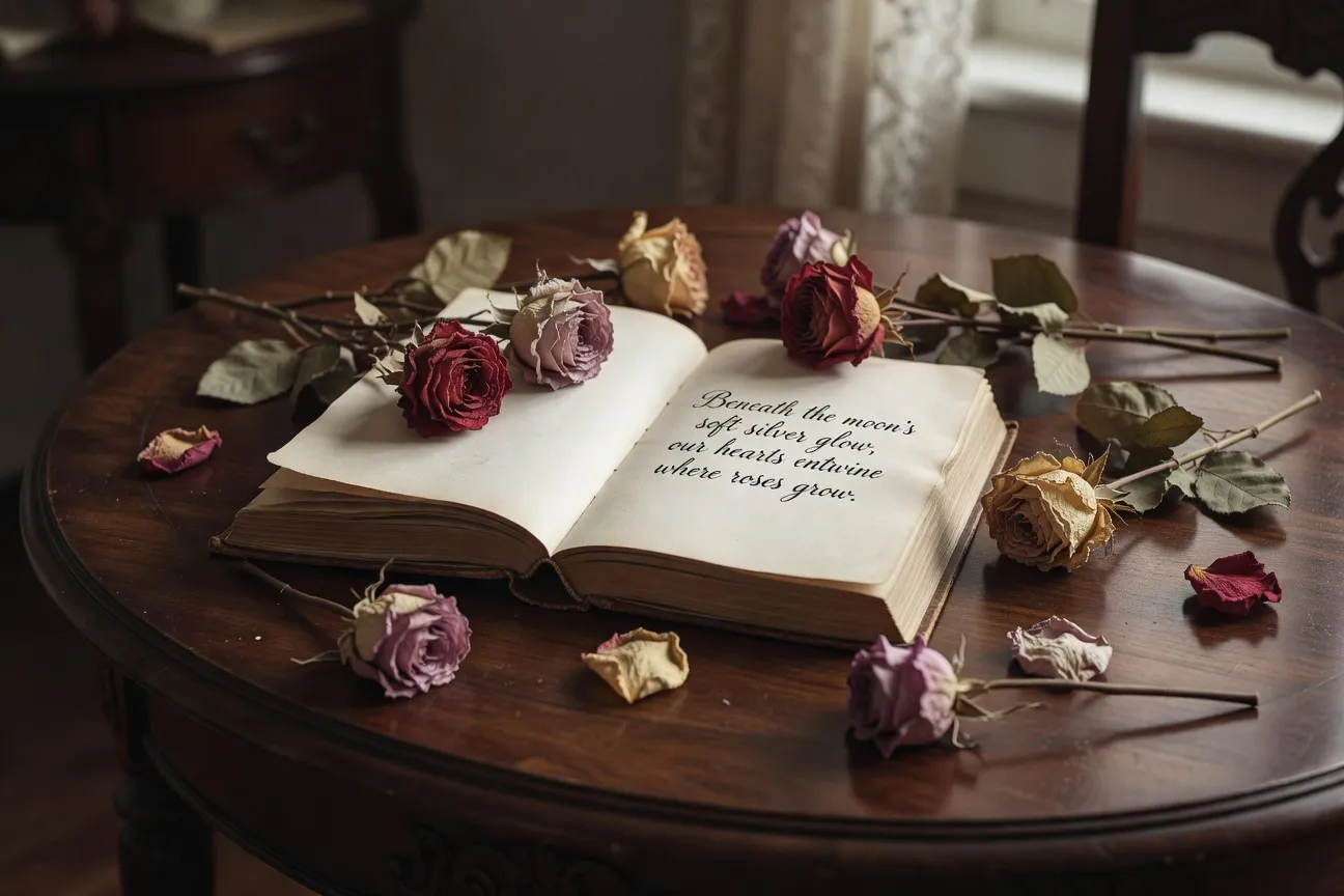 Pages d'un livre de poesie romantique ouvert sur une table avec des roses