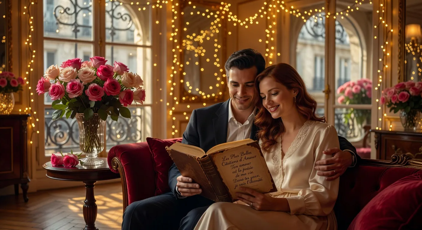 Couple romantique lisant des citations d'amour, fond de fleurs roses dorees