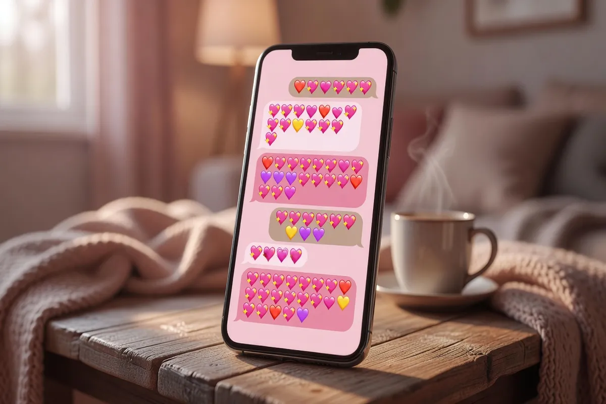 Smartphone affichant une conversation avec plusieurs emojis cœur colorés