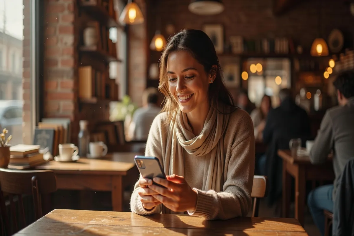 Personne souriant en regardant son téléphone dans un café