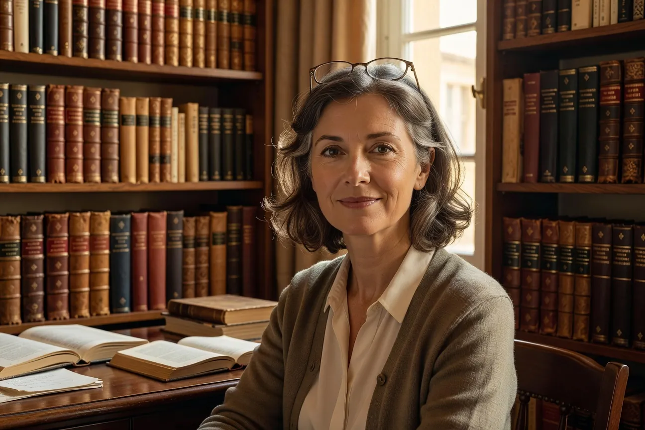 Hélène Vasseur, professeure de littérature et poétesse, dans son bureau à Marseille entouré de livres anciens