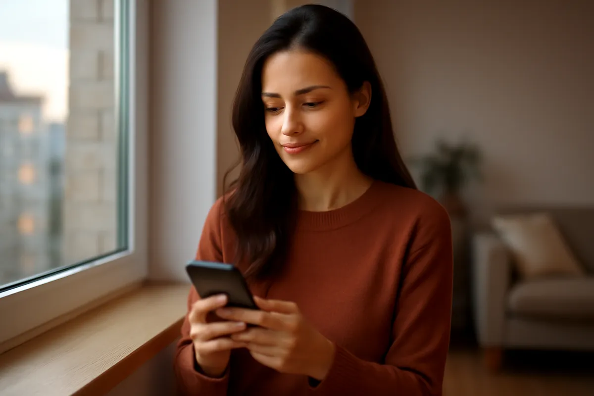 Jeune femme brune souriante regardant son téléphone, assise près d'une fenêtre dans une lumière douce de fin de journée