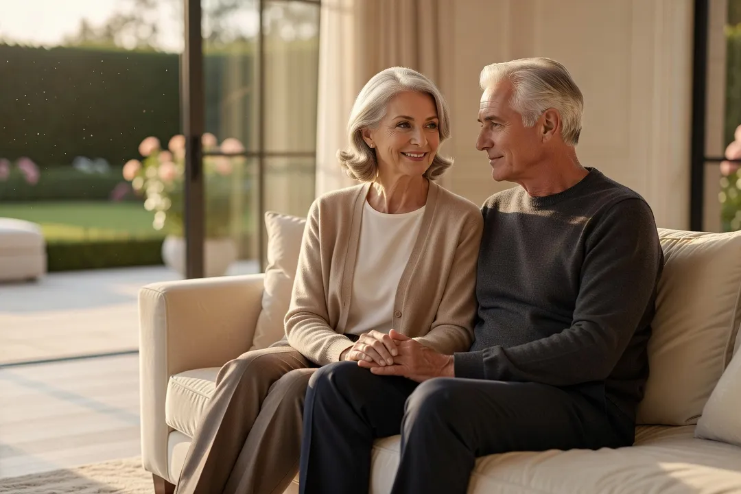 Couple de seniors élégants assis proches l'un de l'autre, se tenant la main avec tendresse dans un salon lumineux