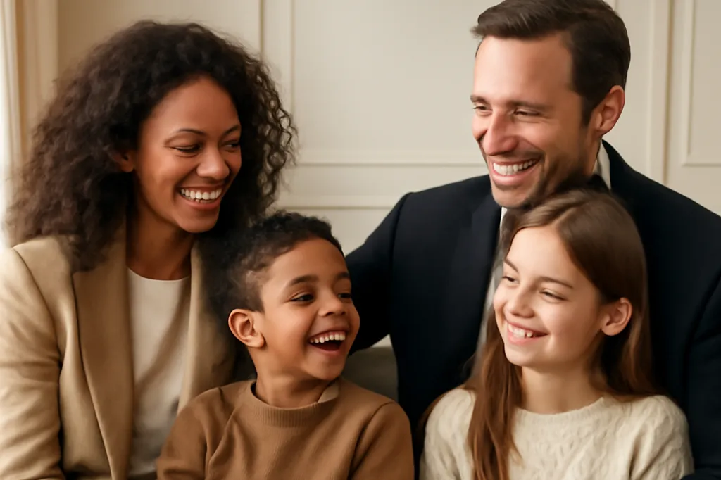 Famille recomposée souriante partageant un moment complice dans un salon lumineux