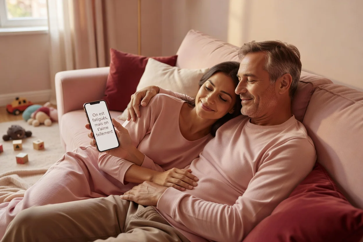 Parents épuisés mais souriants sur un canapé, l'un tenant un smartphone avec un message tendre