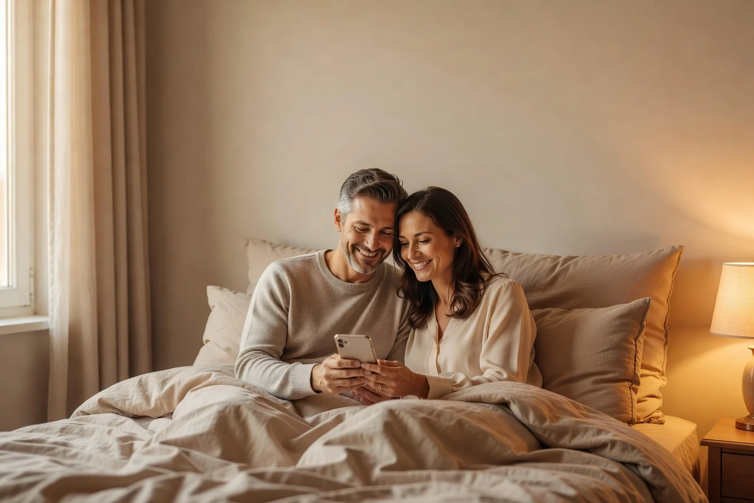 Couple adulte assis sur un lit dans une chambre baignée d'une lumière chaude et tamisée, souriant en lisant un message d'amour sur un smartphone