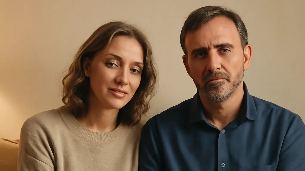 Couple se tenant la main dans un salon lumineux, moment de soutien mutuel