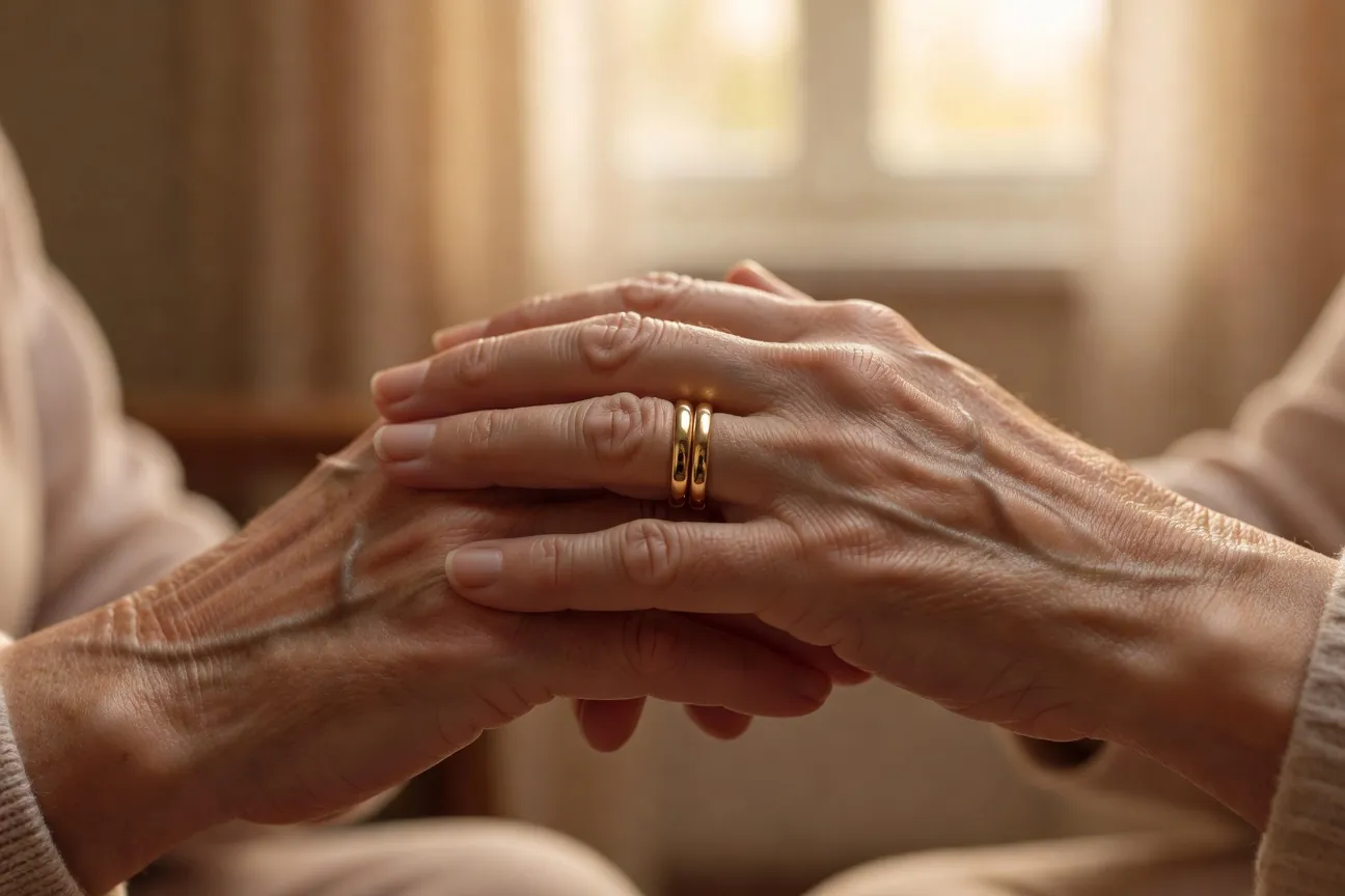Couple senior se tenant la main avec deux alliances dorées en gros plan, symbole d'anniversaire de mariage